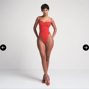 SKIMS Red Lace-Trim Scoop Neck Bodysuit